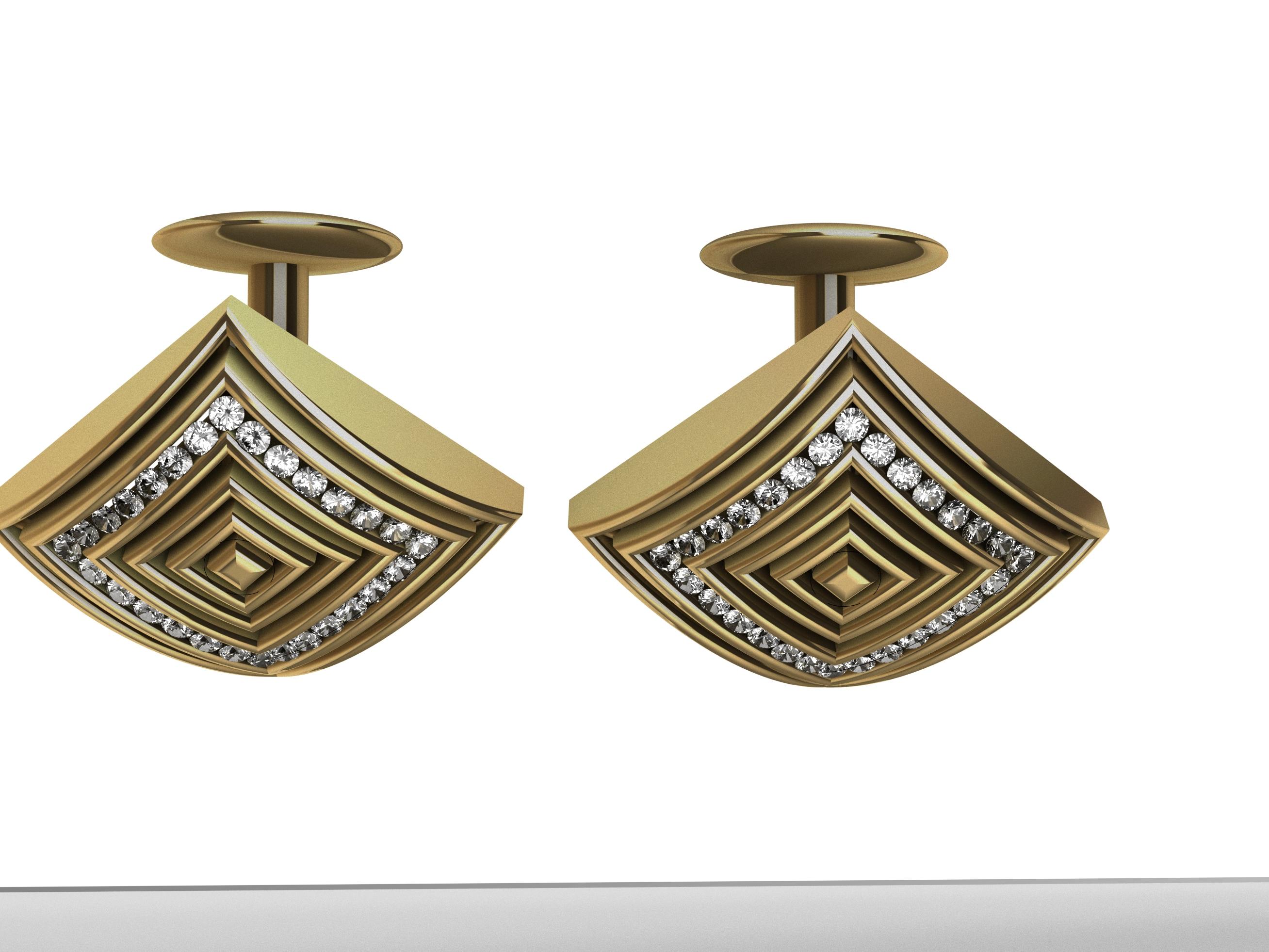 Women's or Men's 18 Karat Yellow Gold Diamond Rhombus Cuff Links  For Sale