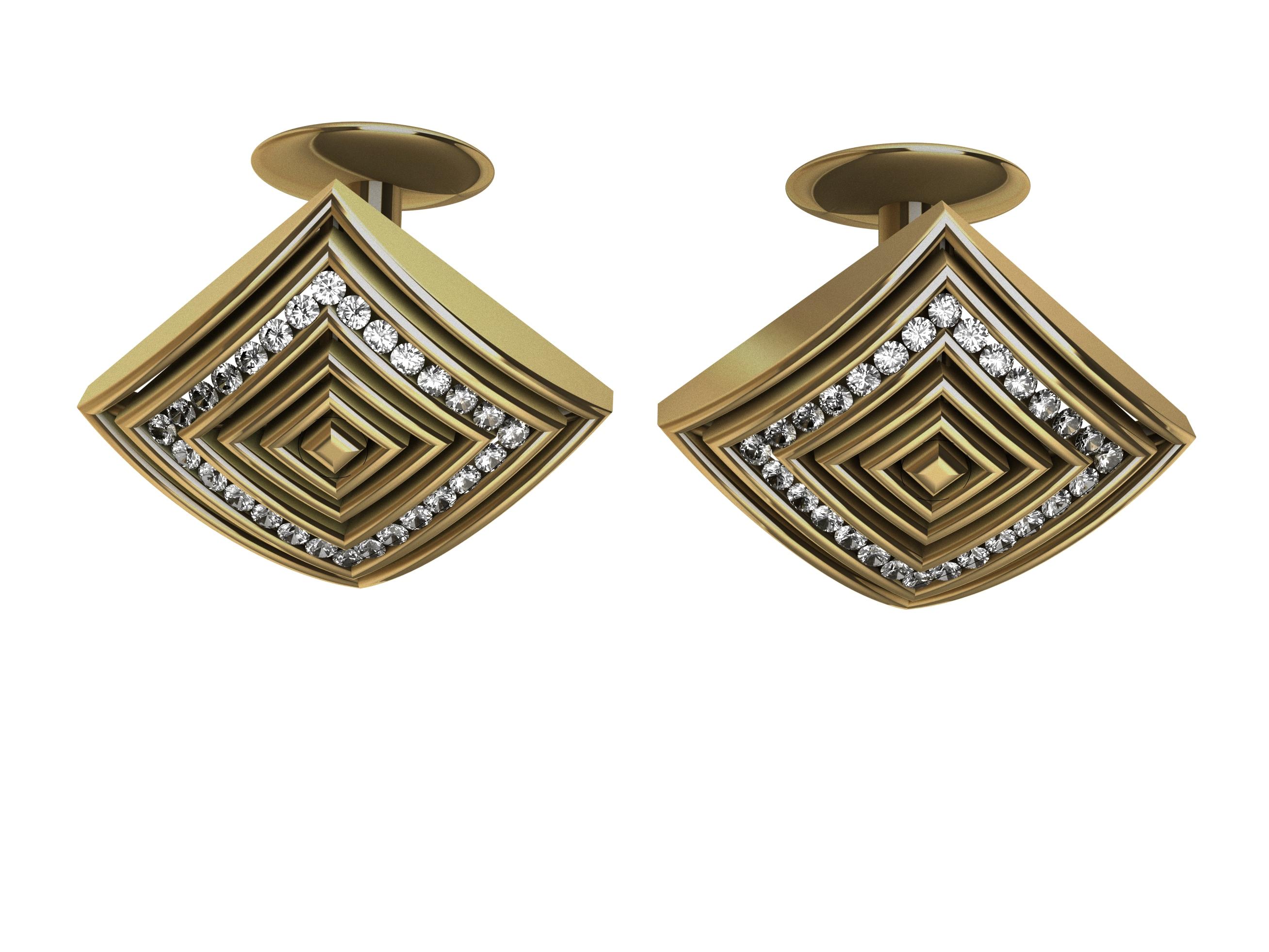 18 Karat Yellow Gold Diamond Rhombus Cuff Links  For Sale 1