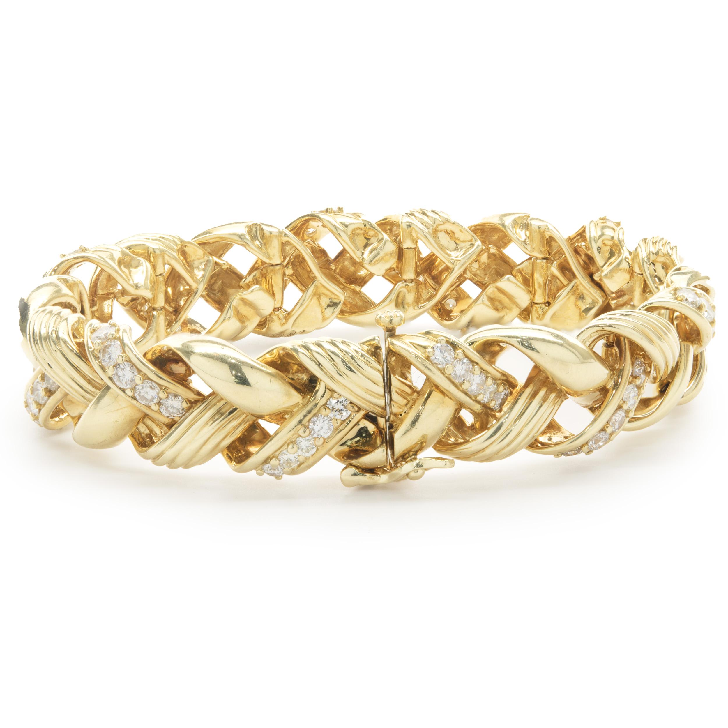 Round Cut 18 Karat Yellow Gold Diamond Ribbon Weave Bracelet For Sale