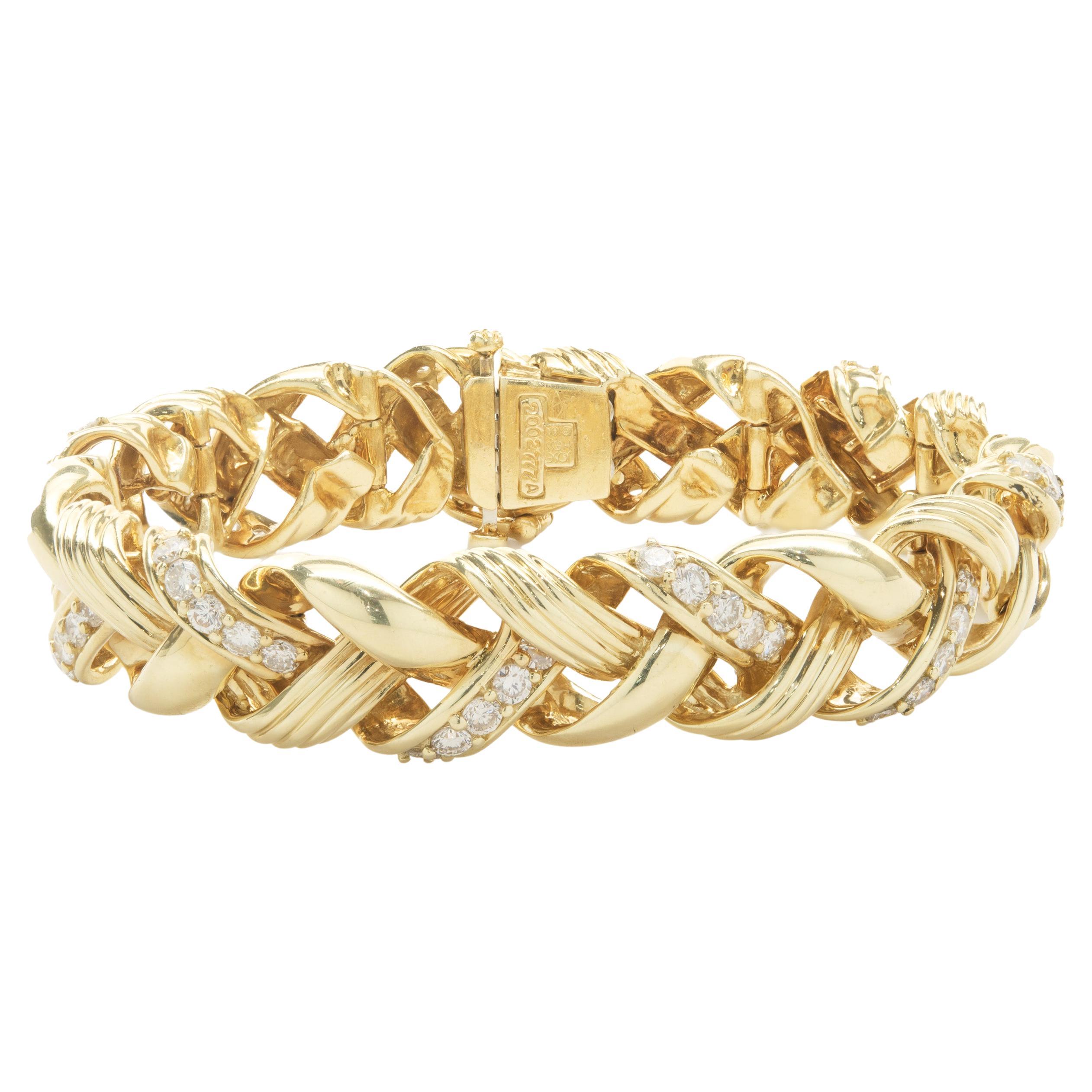 18 Karat Yellow Gold Diamond Ribbon Weave Bracelet For Sale