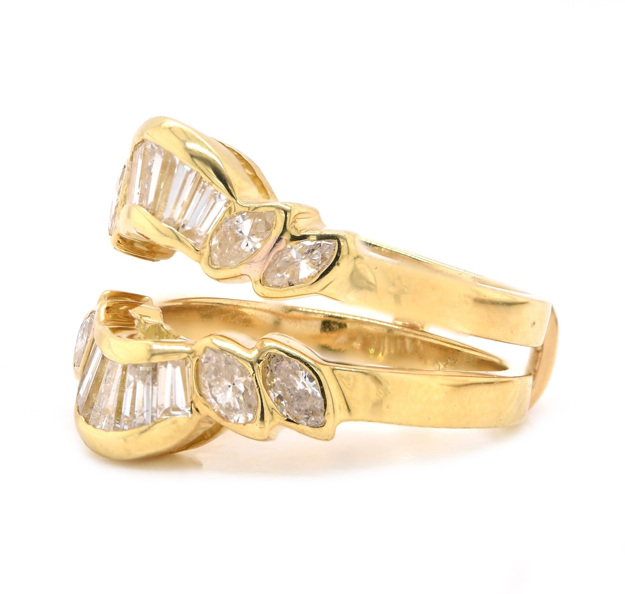 Designer: Custom
Material: 18K yellow gold
Diamonds: 16 marquise and baguette cut = 1.28cttw
Color: J
Clarity: SI1
Size: 6.5
Dimensions: ring measures 15mm in width
Weight: 8.49 grams