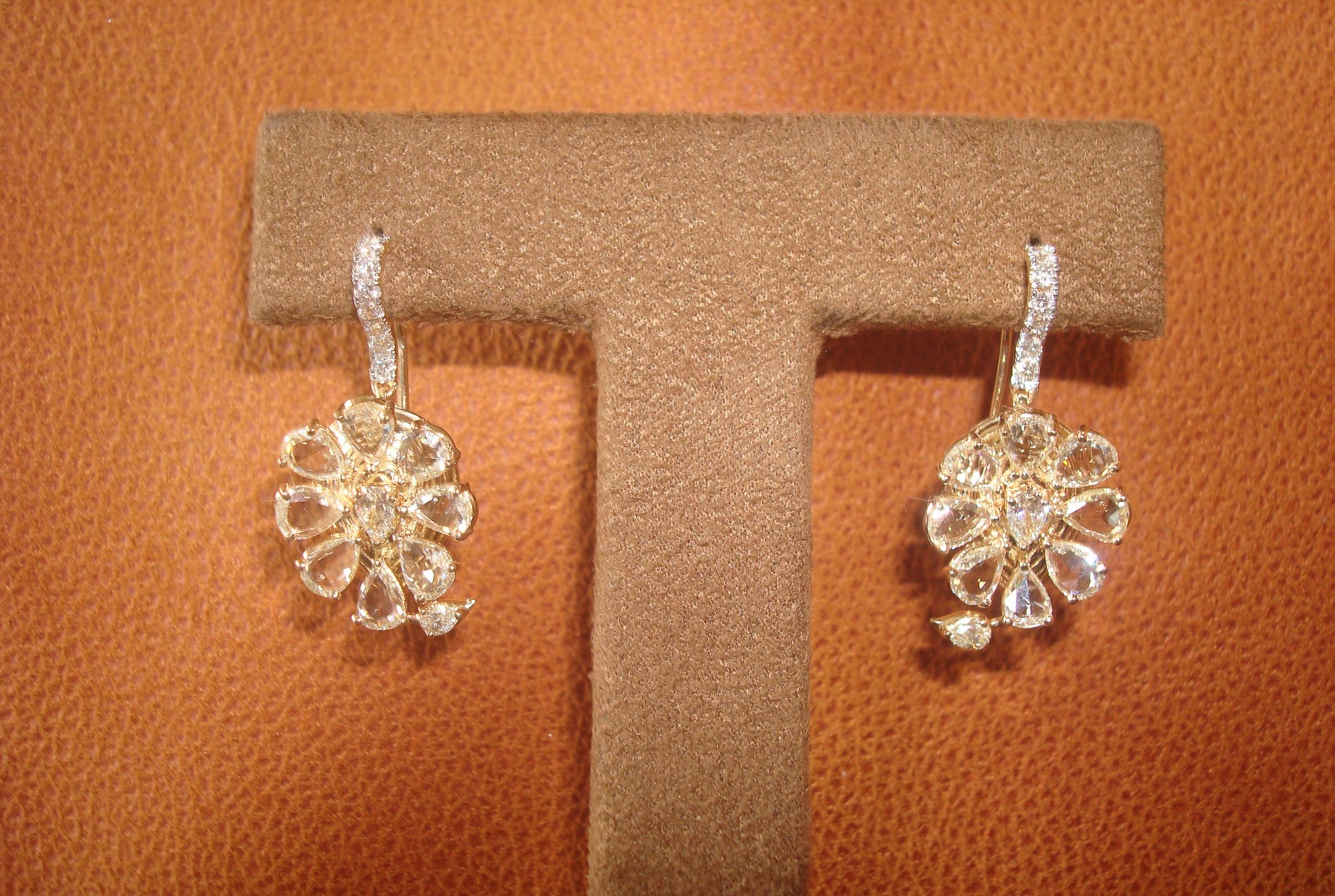Modern 18 Karat Yellow Gold Diamond & Rose Cut Earrings For Sale
