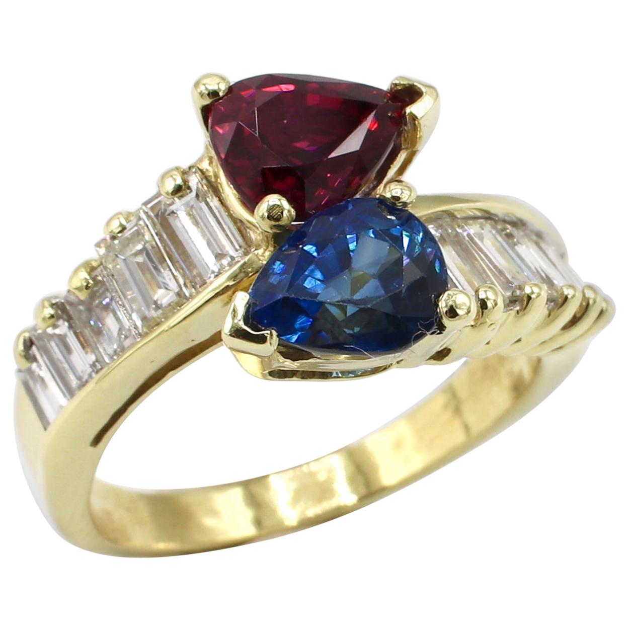 GIA Certified 18 Karat Yellow Gold Diamond, Ruby and Blue Sapphire Bypass Ring