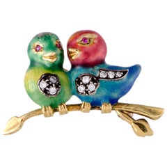 18 Karat Yellow Gold Diamond Ruby and Enamel Bird Brooch