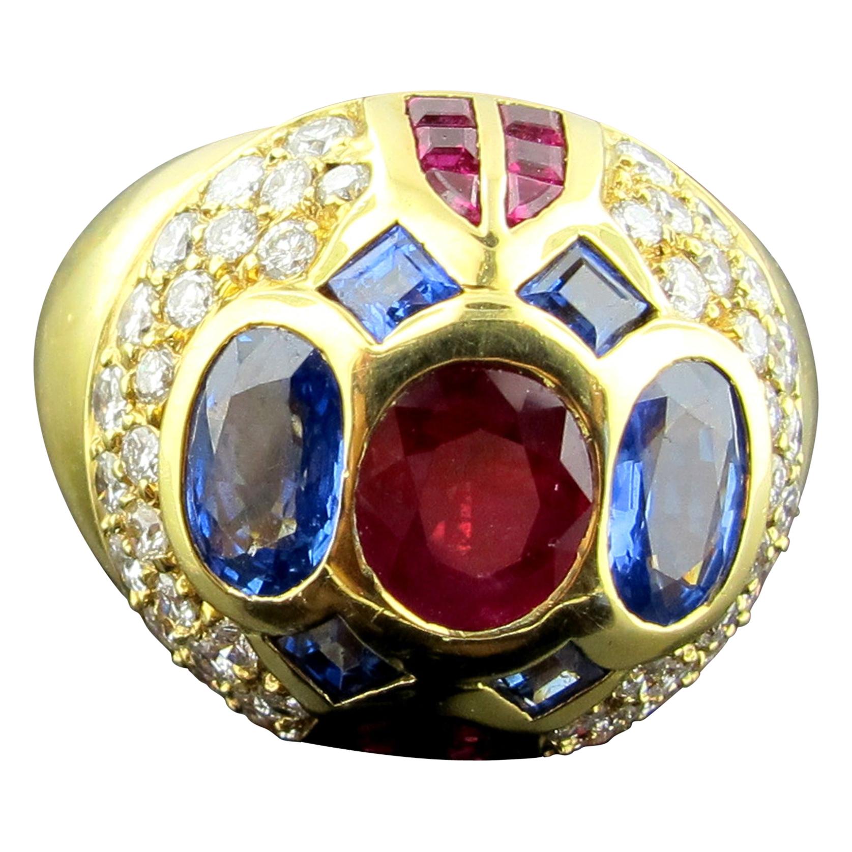 18 Karat Yellow Gold Diamond, Ruby and Sapphire Dome Ring