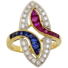 18 Karat Yellow Gold Diamond, Ruby and Sapphire Vintage Ring