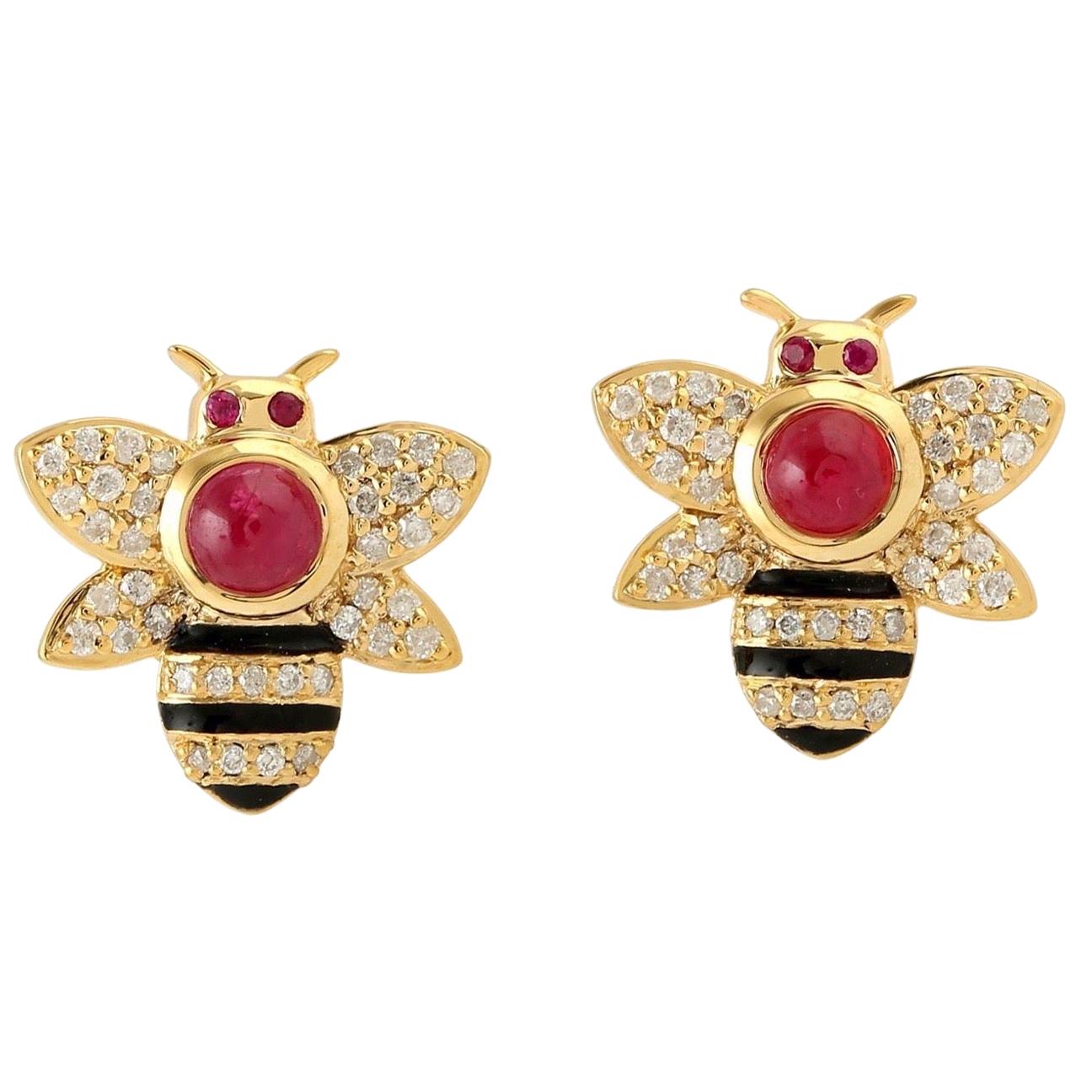 18 Karat Yellow Gold Diamond Ruby Bee Stud Earrings