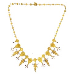 18 Karat Yellow Gold Diamond Ruby Cherub Drop Link Estate Vintage Necklace
