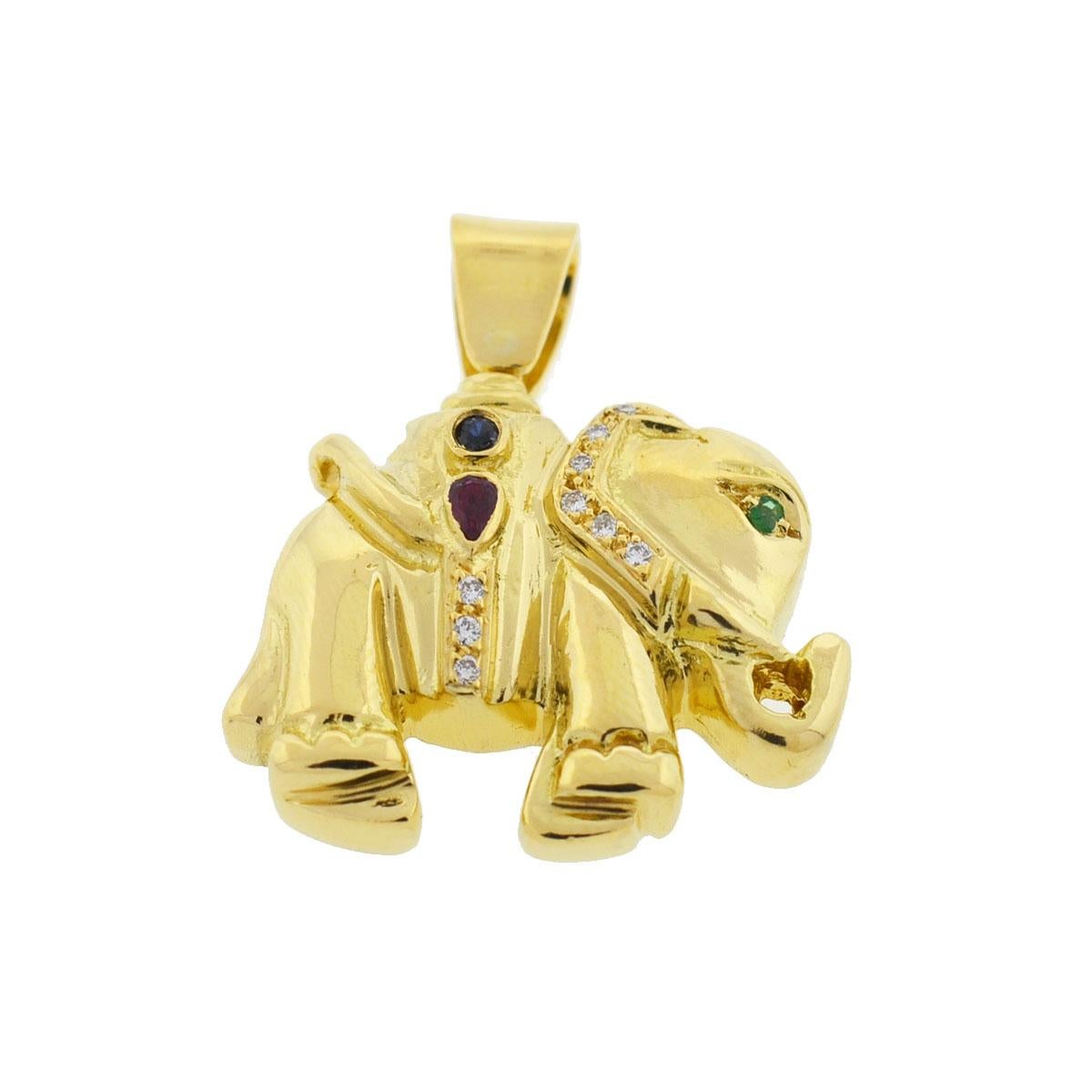 18 Karat Yellow Gold Diamond Ruby Emerald Elephant Pendant