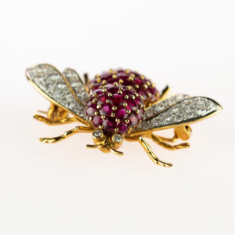 18 Karat Yellow Gold Diamond Ruby Fly Pin Insect Clip Mosquito Handmade ...