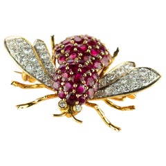 18 Karat Yellow Gold Diamond Ruby Fly Pin Insect Clip Mosquito Handmade Brooch