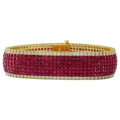 18 Karat Yellow Gold Diamond and Synthetic Ruby Invisible Set Bracelet