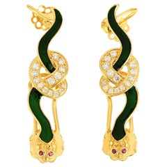 18 Karat Yellow Gold Diamond Ruby Pave Snake Design Ear Cuff Earrings Jewelry