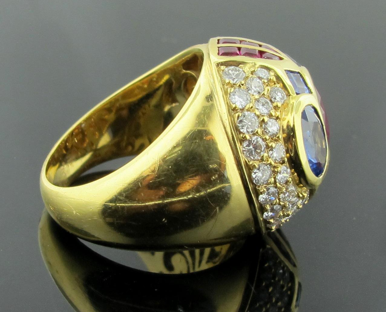 Women's or Men's 18 Karat Yellow Gold Diamond, Ruby and Sapphire Dome Ring