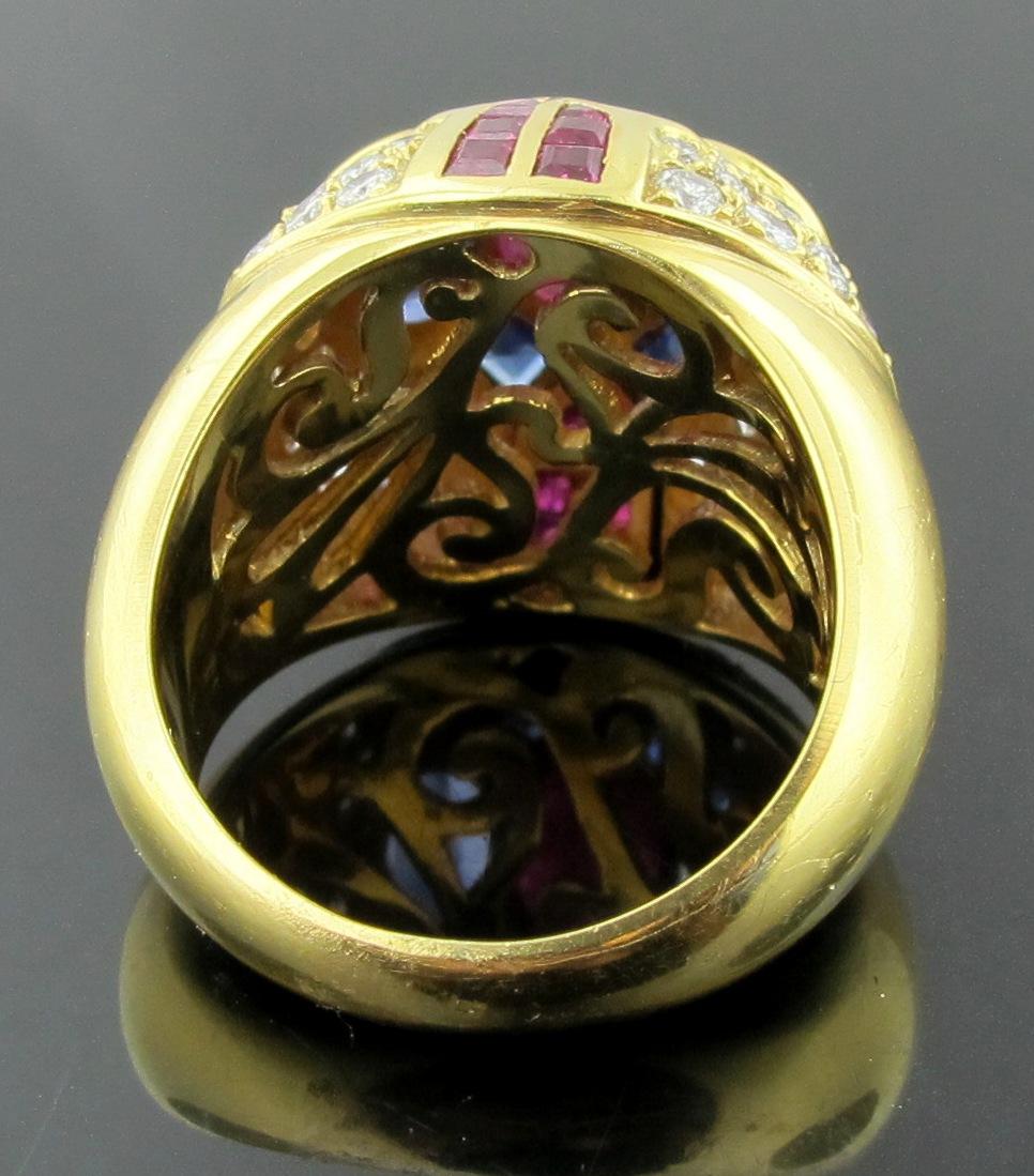 18 Karat Yellow Gold Diamond, Ruby and Sapphire Dome Ring 1