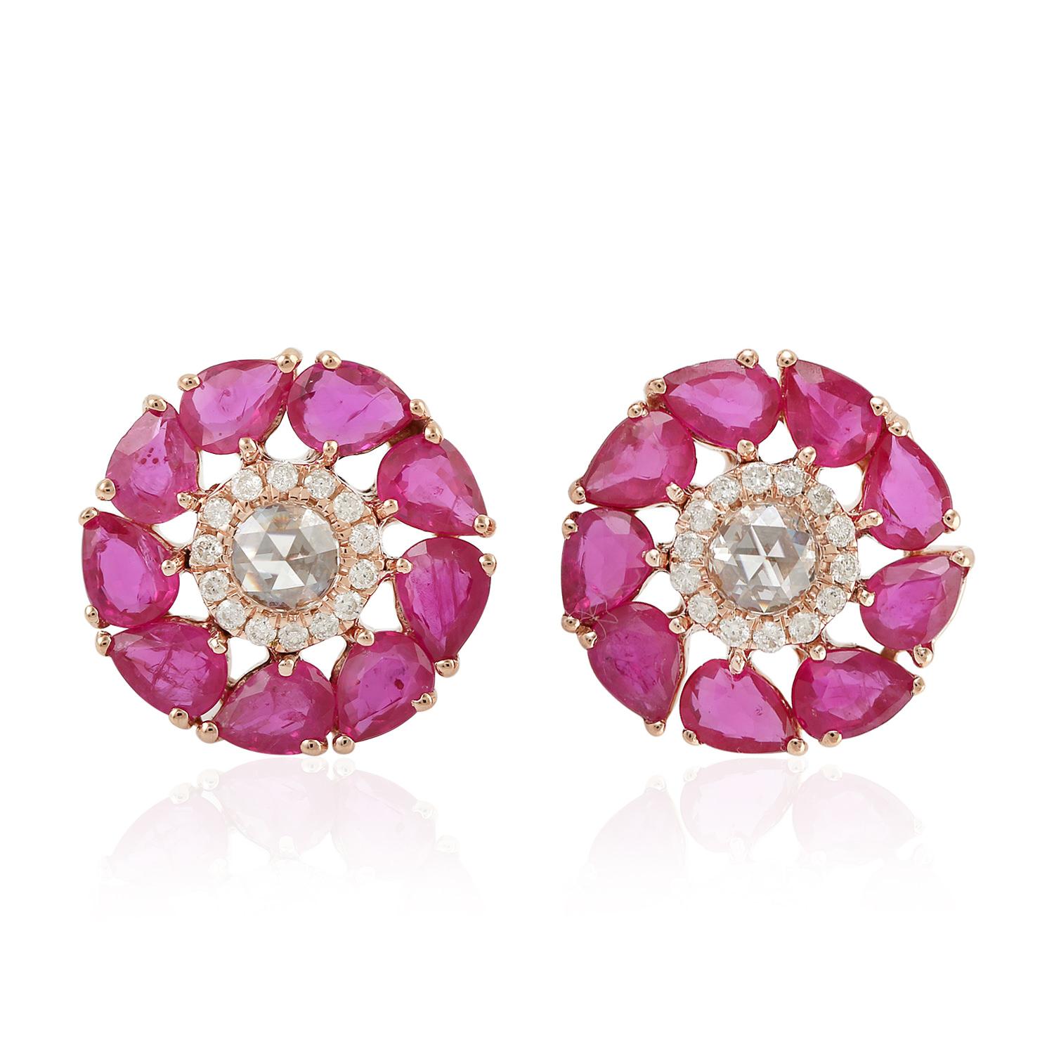 Rose Cut Ruby Diamond 18 Karat Yellow Gold Stud Earrings For Sale