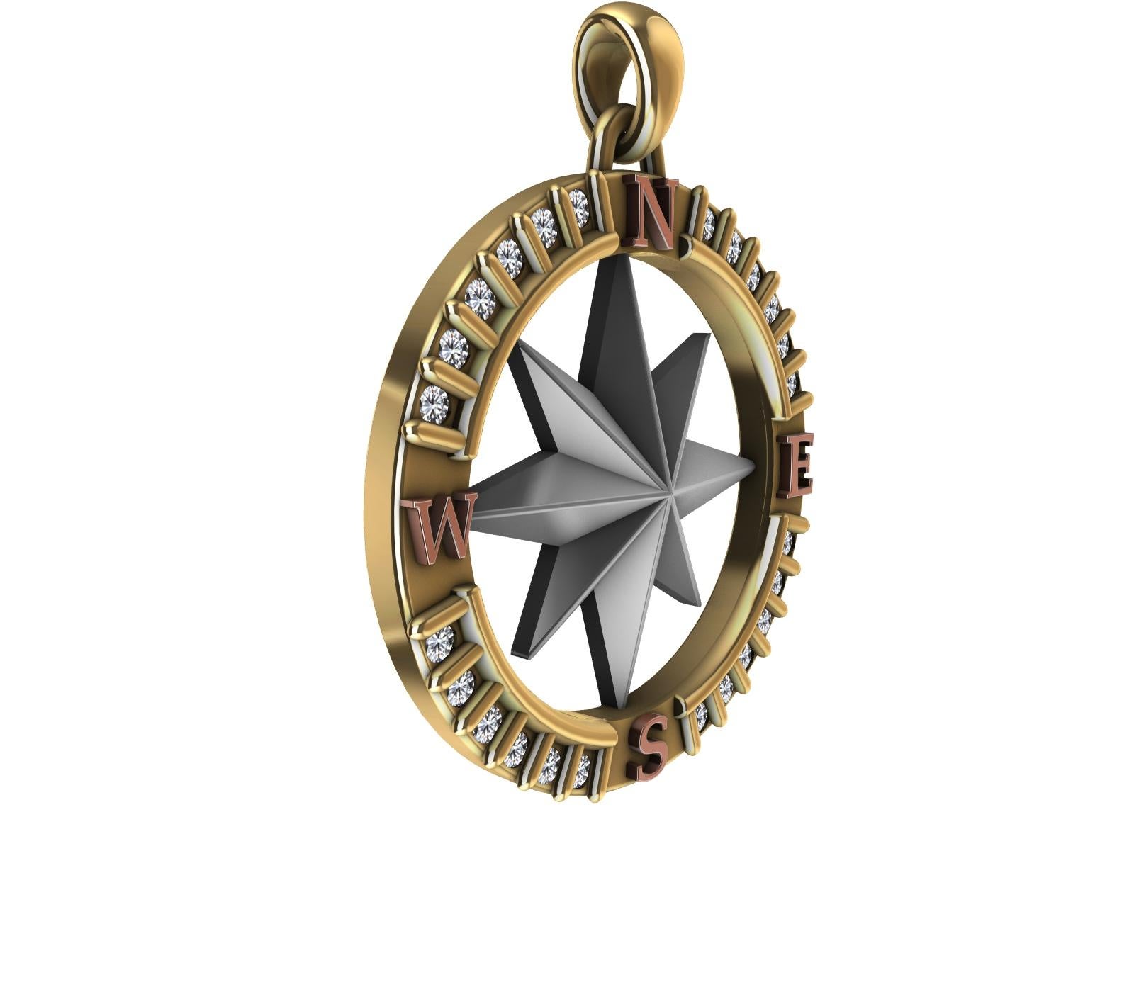 Round Cut 18 Karat Yellow Gold Diamond Sailors Compass Pendant For Sale