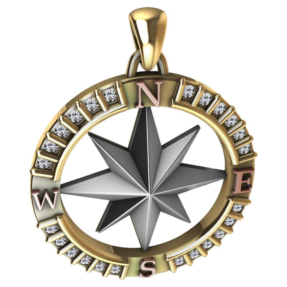 18 Karat Yellow Gold Diamond Sailors Compass Pendant For Sale