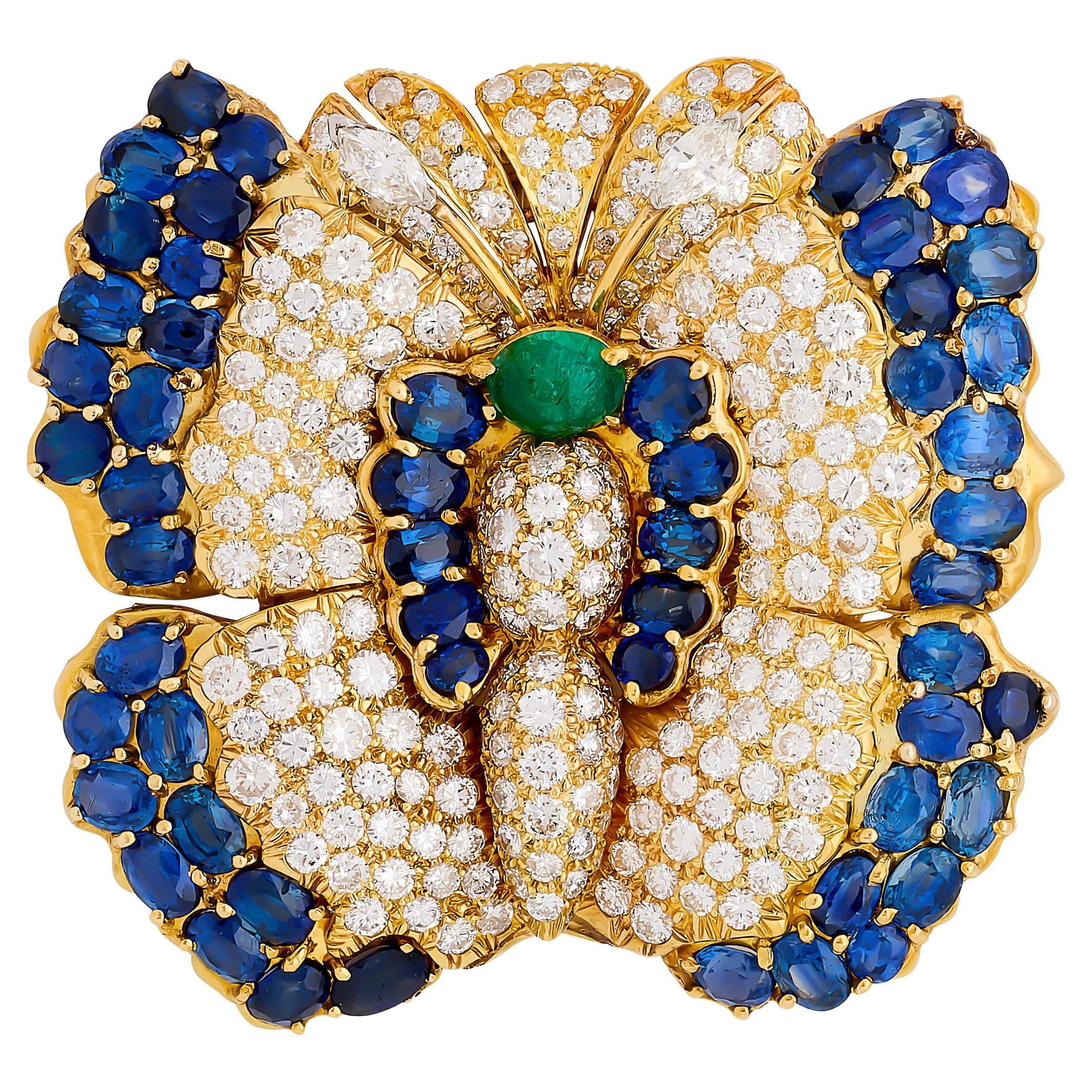 Alfiler Mariposa Diamante, Zafiro y Esmeralda de Oro Amarillo de 18 Kilates en venta