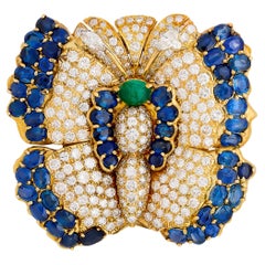 18 Karat Gelbgold Diamant, Saphir und Smaragd Schmetterlingsnadel