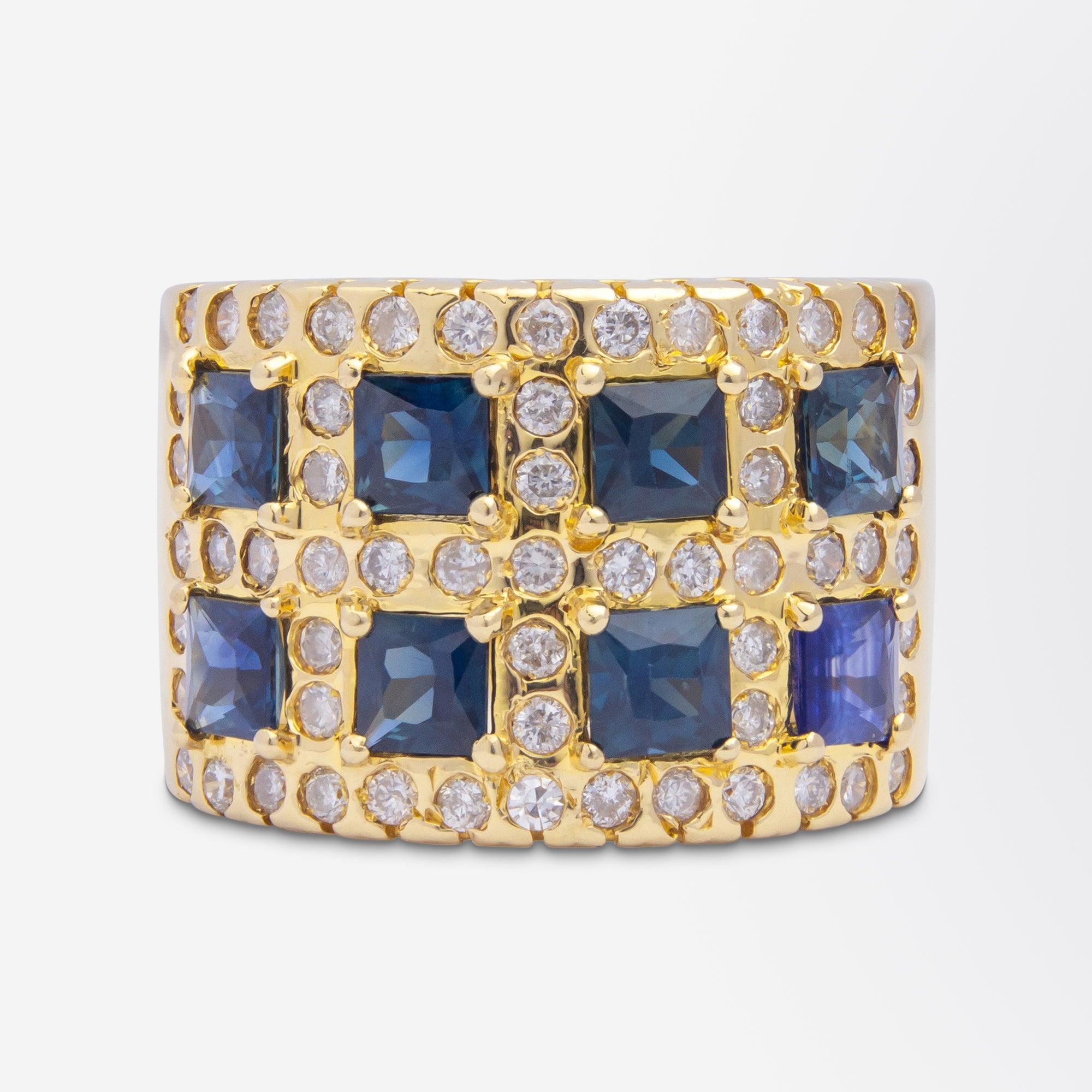 Modern 18 Karat Yellow Gold, Diamond & Sapphire Ring