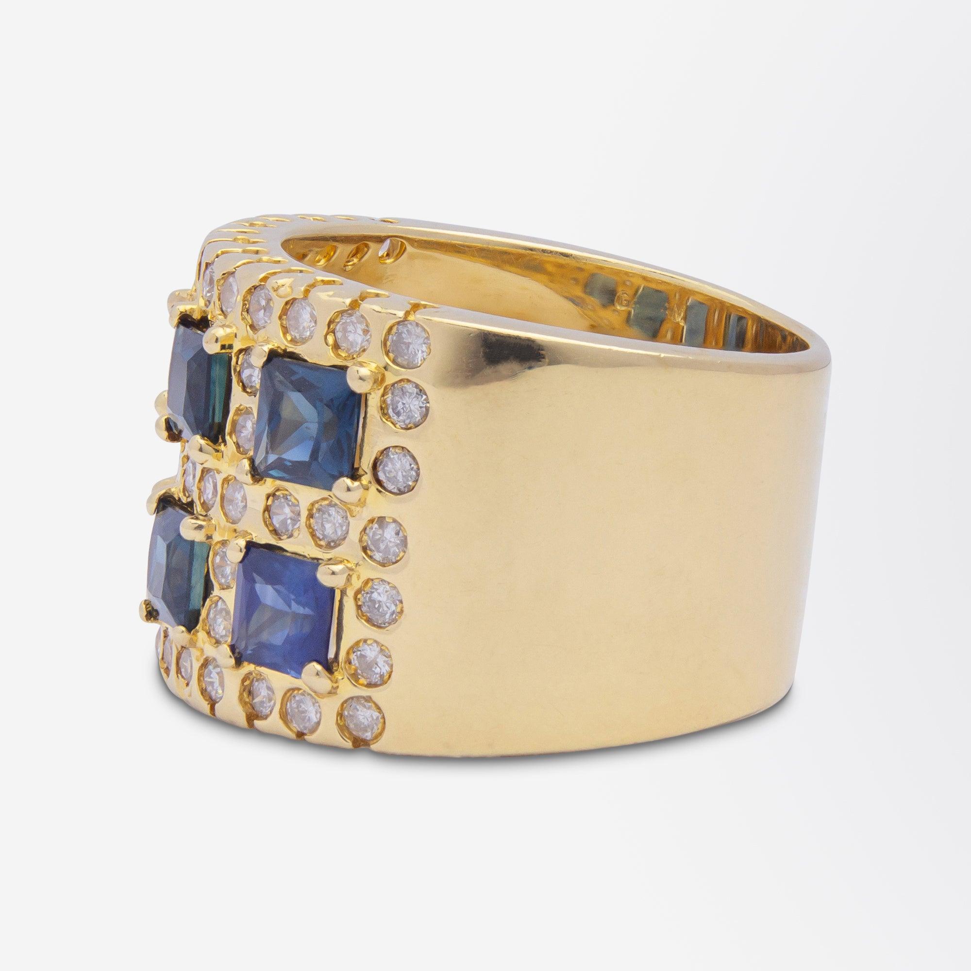 Brilliant Cut 18 Karat Yellow Gold, Diamond & Sapphire Ring
