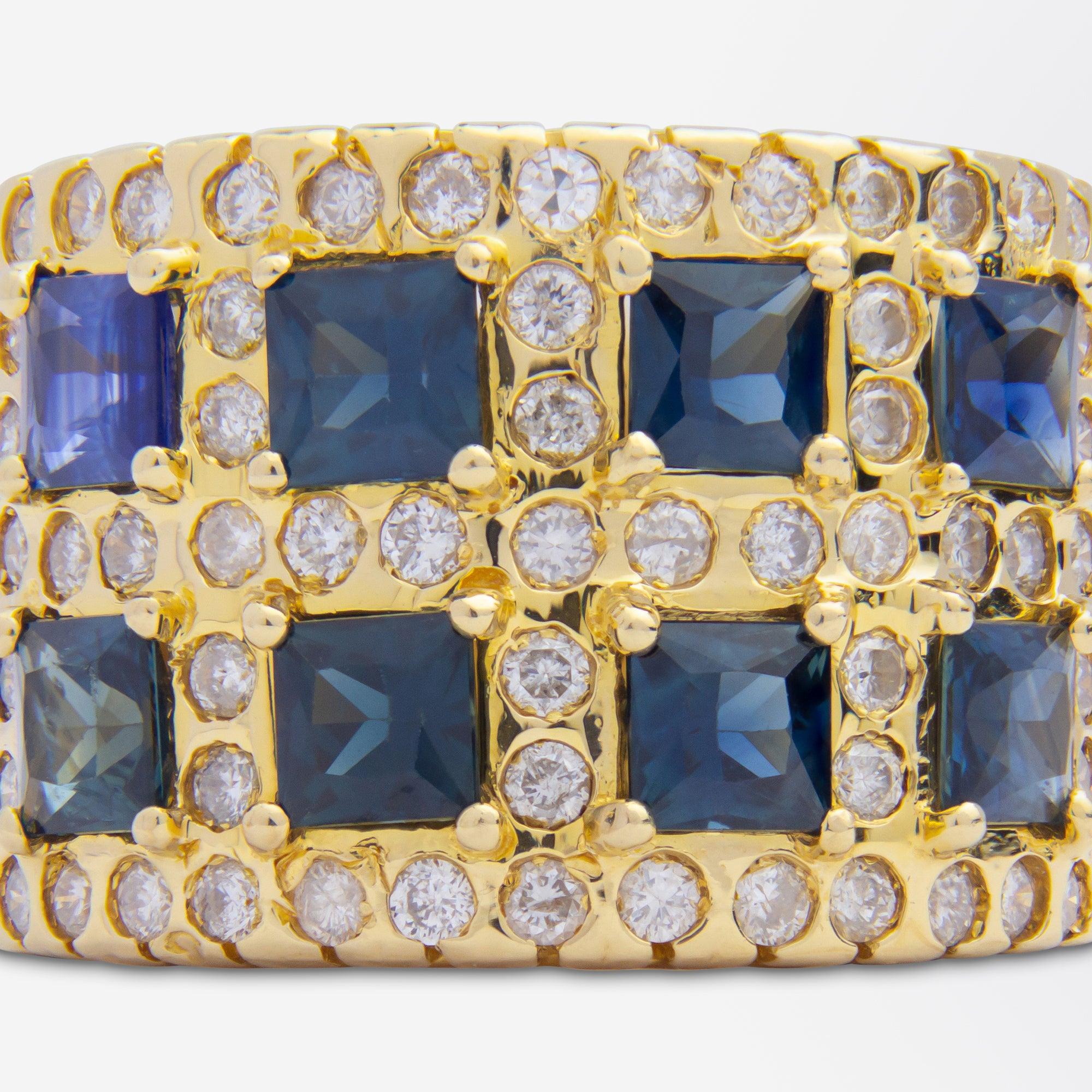 Women's or Men's 18 Karat Yellow Gold, Diamond & Sapphire Ring