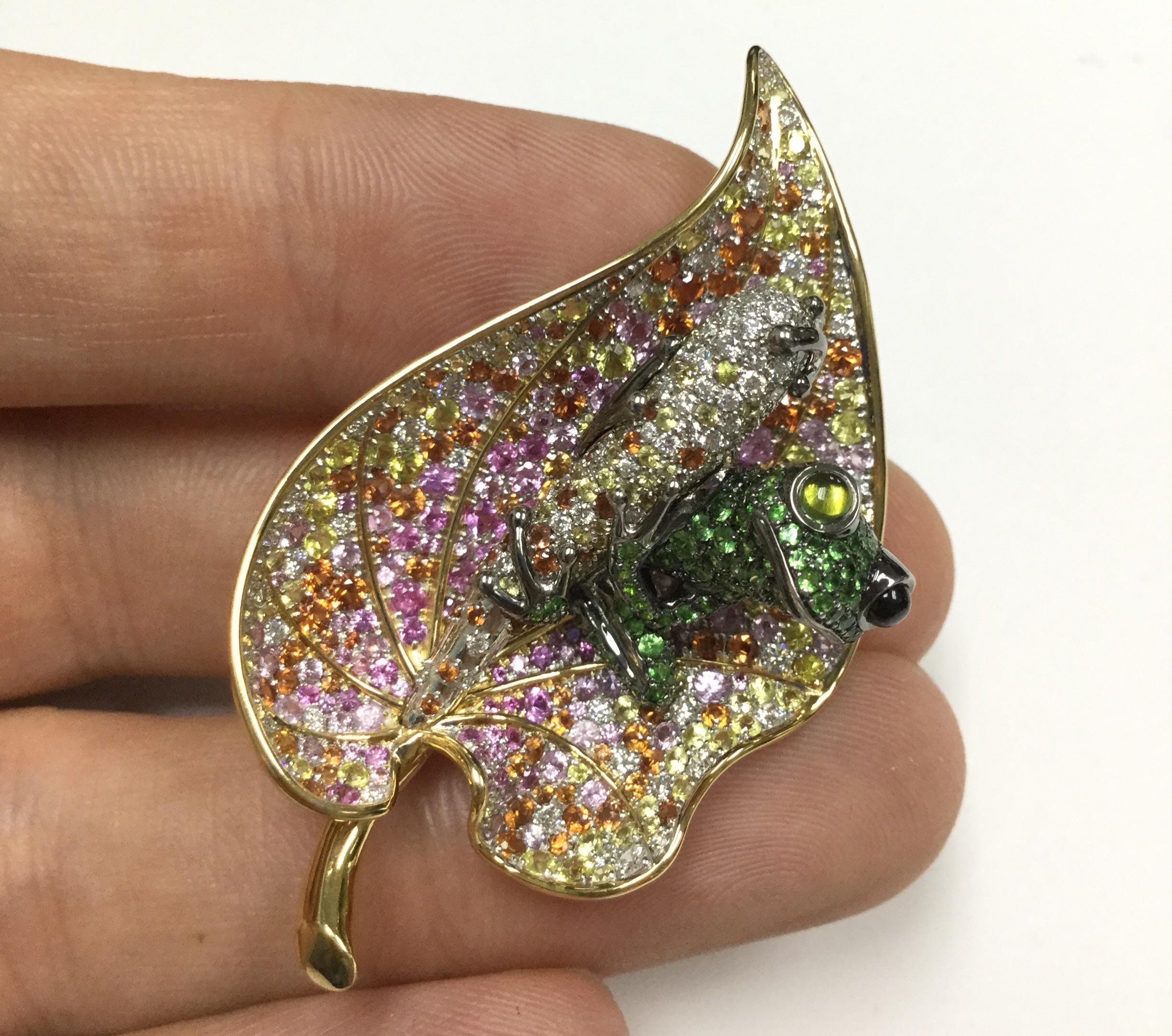 Contemporary 18 Karat Yellow Gold Diamond Sapphire Tsavorite Frog on the Leaf Brooch