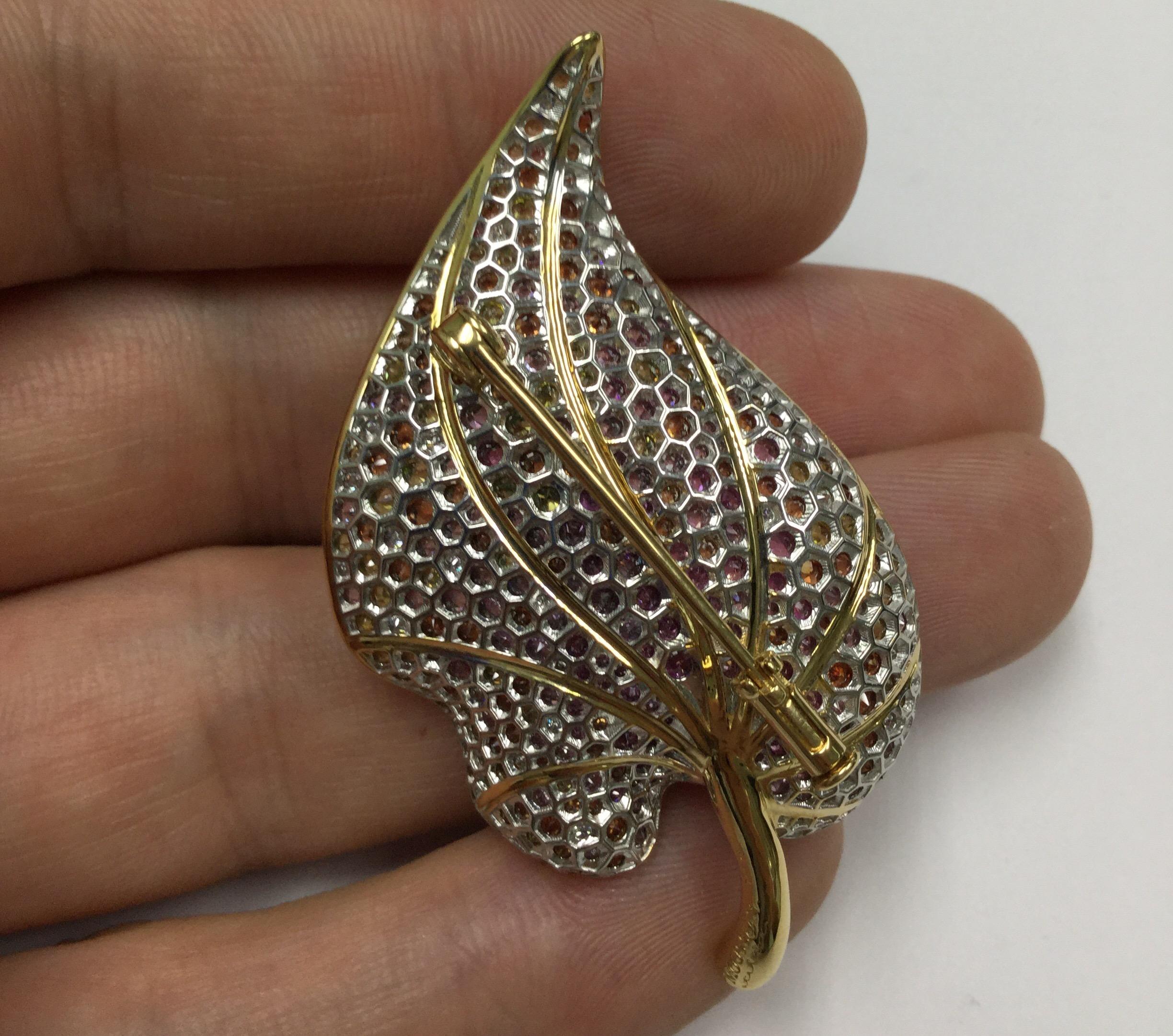 Women's or Men's 18 Karat Yellow Gold Diamond Sapphire Tsavorite Frog on the Leaf Brooch