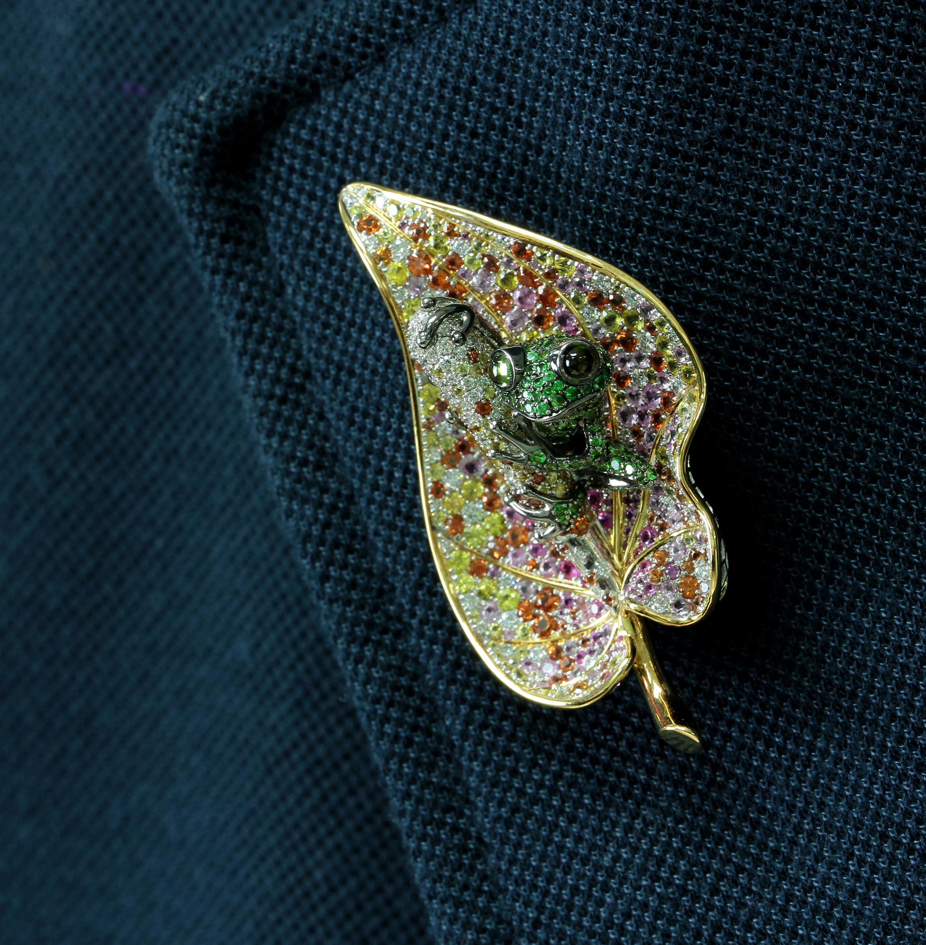 18 Karat Yellow Gold Diamond Sapphire Tsavorite Frog on the Leaf Brooch 1