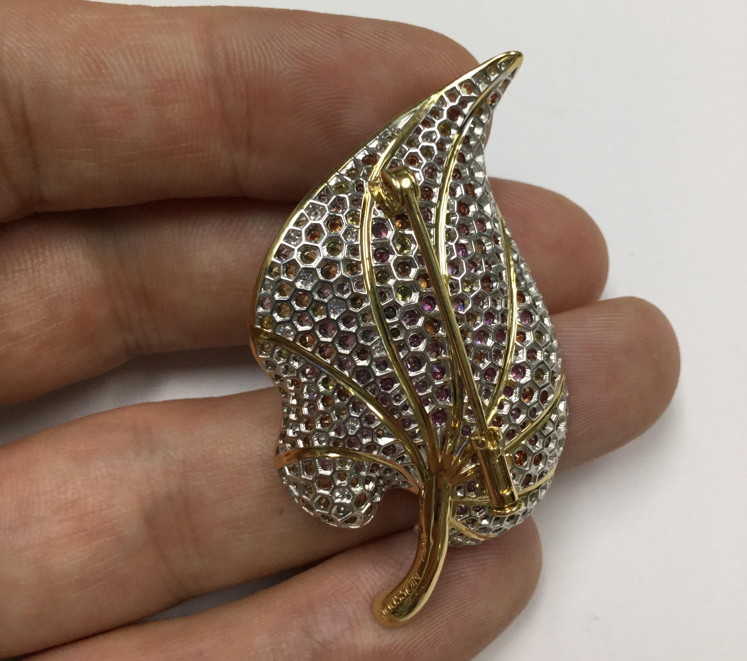 18 Karat Yellow Gold Diamond Sapphire Tsavorite Frog on the Leaf Brooch For Sale 3