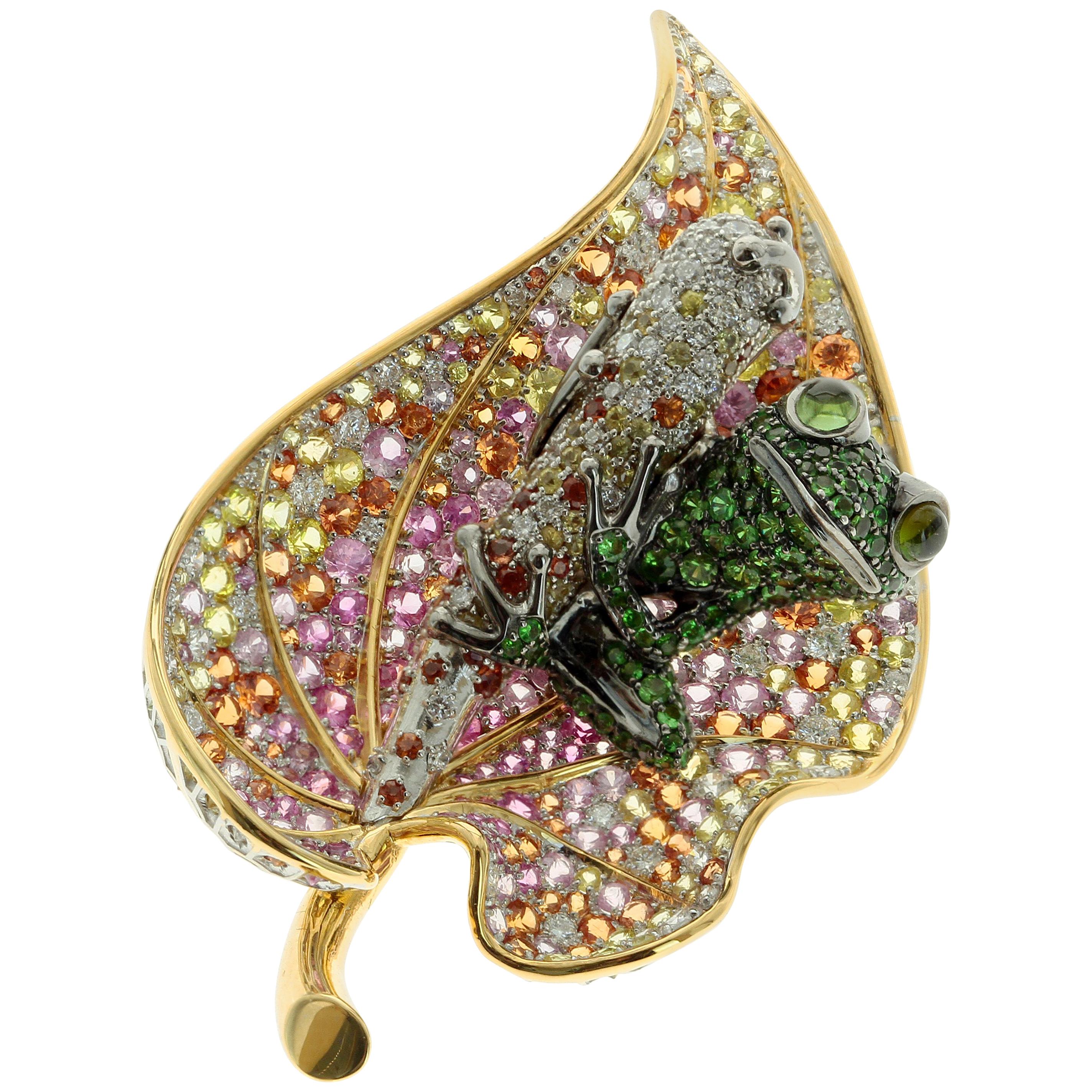 18 Karat Yellow Gold Diamond Sapphire Tsavorite Frog on the Leaf Brooch
