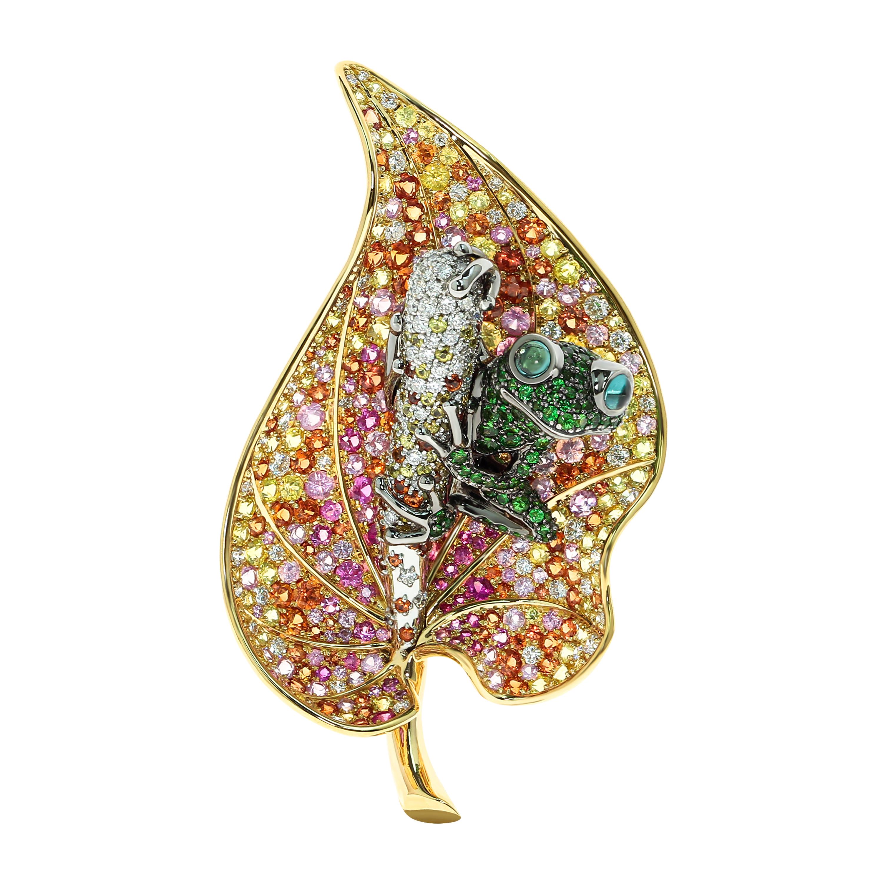 18 Karat Yellow Gold Diamond Sapphire Tsavorite Frog on the Leaf Brooch For Sale