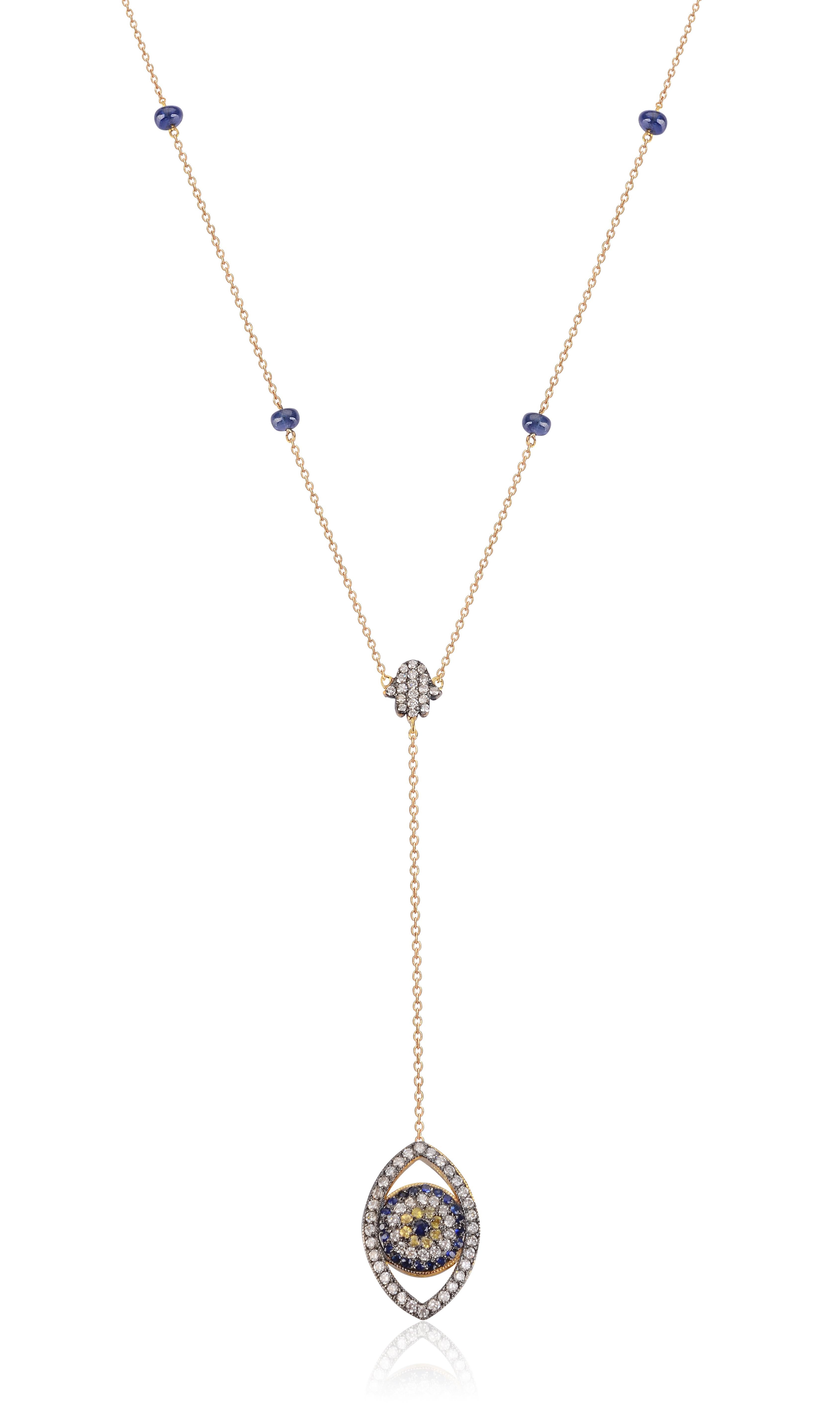 Contemporary 18 Karat Yellow Gold Diamond, Sapphires Double Face Evil Eye Necklace For Sale