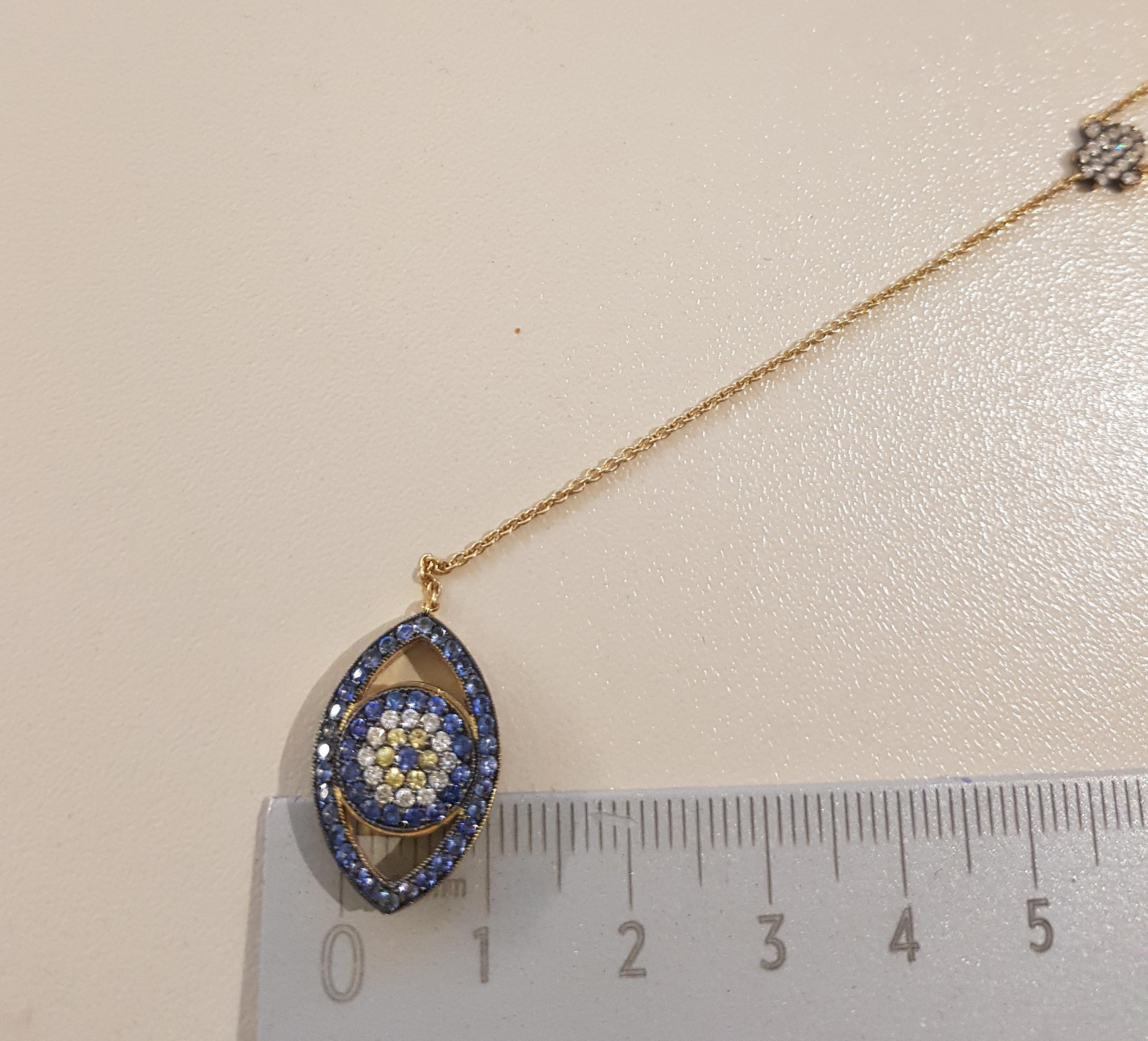 18 Karat Yellow Gold Diamond, Sapphires Double Face Evil Eye Necklace For Sale 1