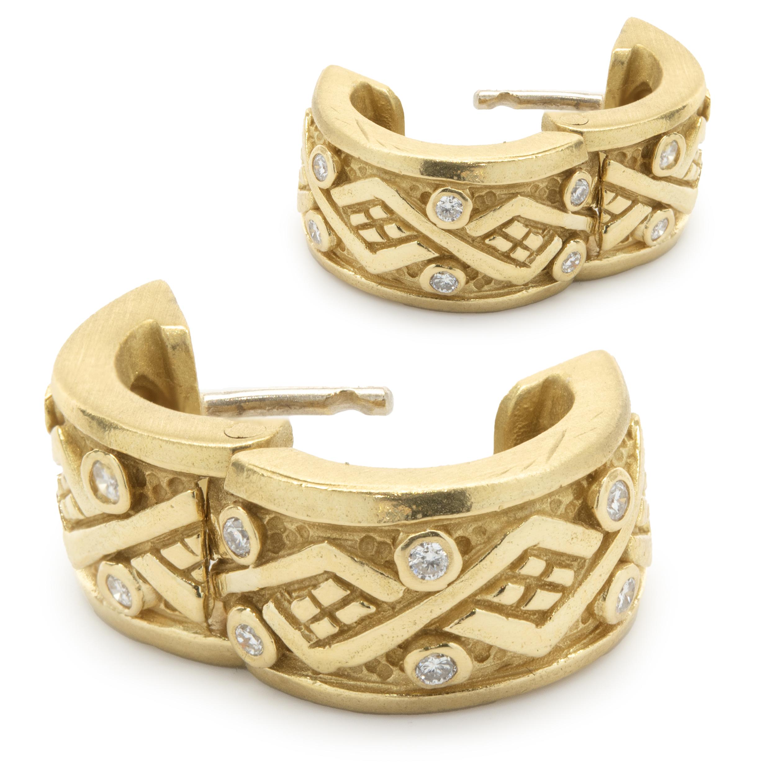Round Cut 18 Karat Yellow Gold Diamond Scroll Huggie Hoop Earrings For Sale