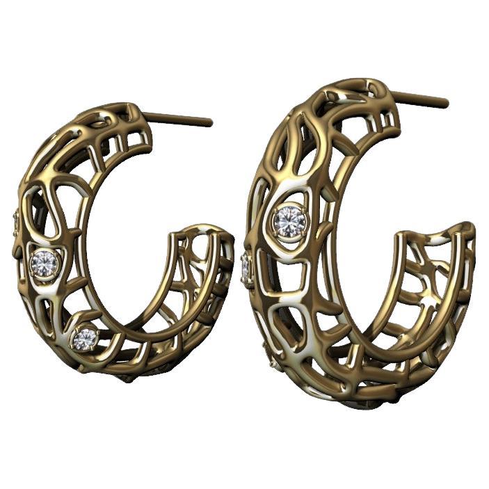 18 Karat Yellow Gold Diamond Seaweed Hoop Earrings For Sale