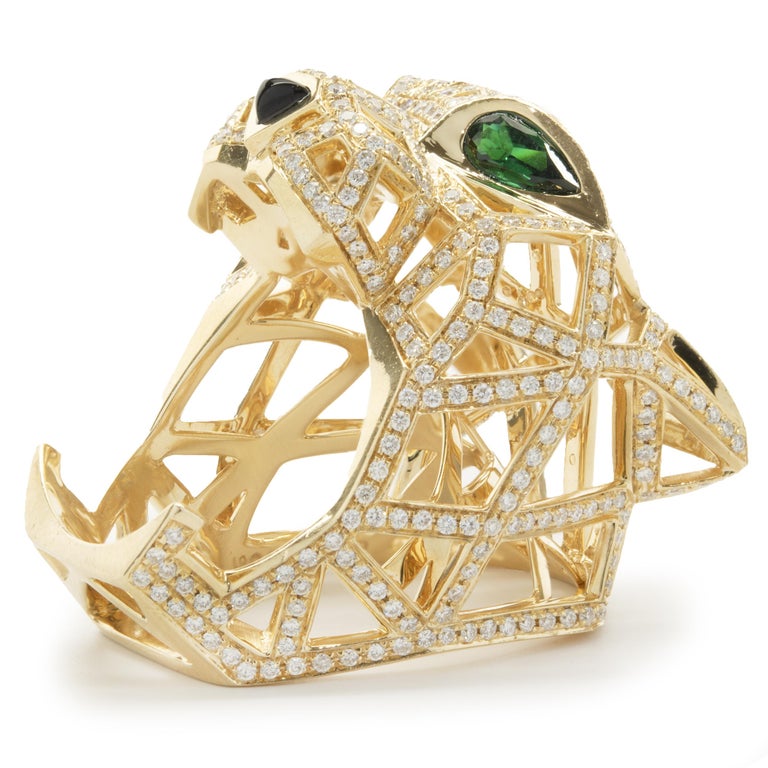 18 Karat Yellow Gold Diamond Skeleton Panther Ring with Emerald Eyes In Excellent Condition In Scottsdale, AZ