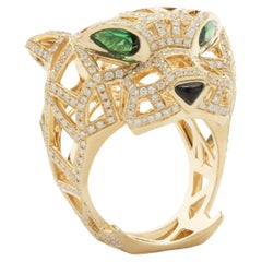18 Karat Yellow Gold Diamond Skeleton Panther Ring with Emerald Eyes