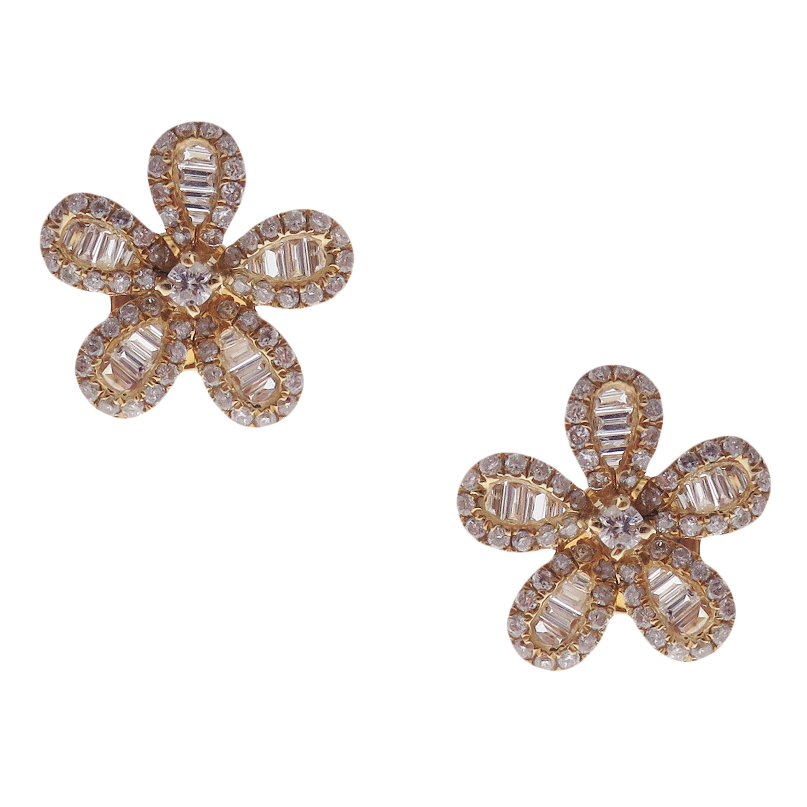 Baguette Cut 18 Karat Yellow Gold Diamond Small Baguette Flower Earring Ring Set