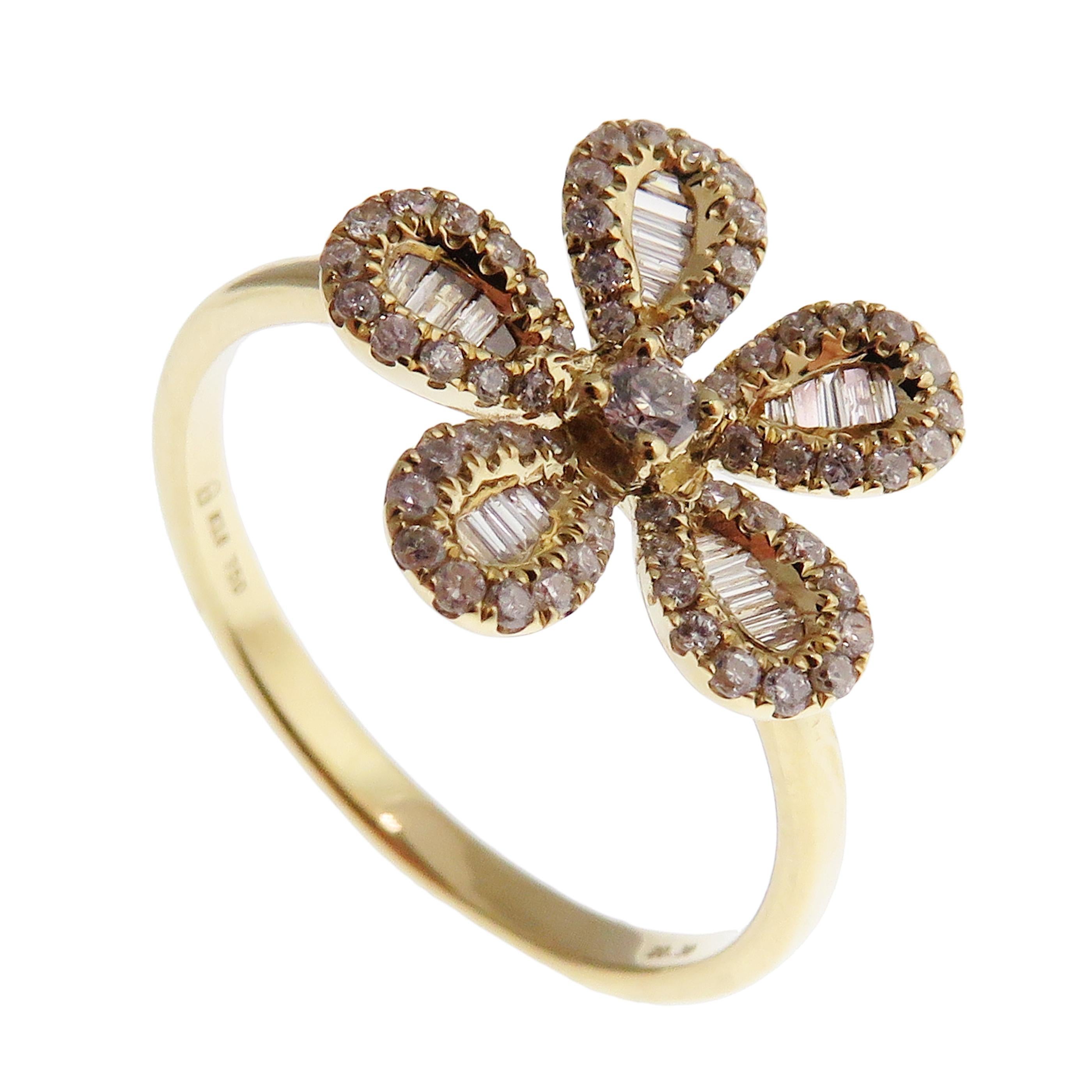 Women's or Men's 18 Karat Yellow Gold Diamond Small Baguette Flower Earring Ring Set