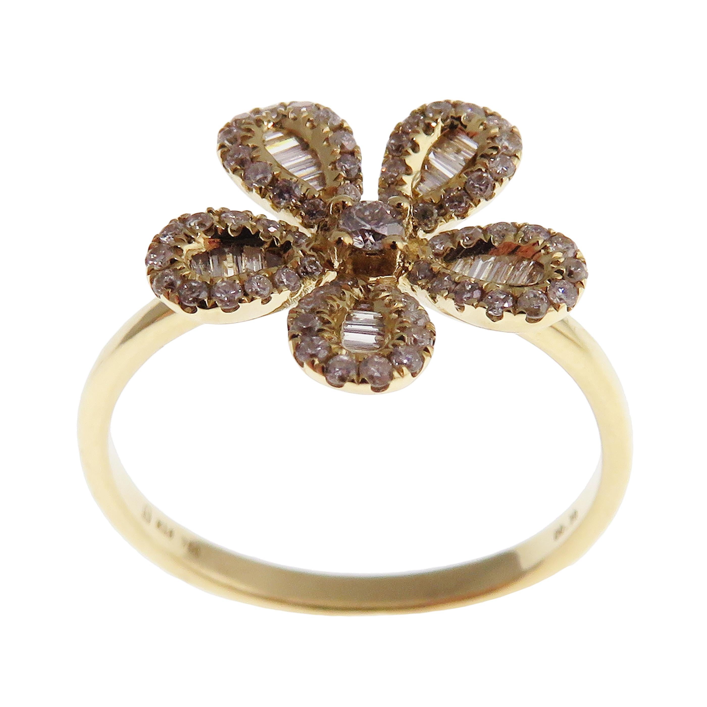 18 Karat Yellow Gold Diamond Small Baguette Flower Earring Ring Set 1