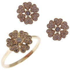 18 Karat Yellow Gold Diamond Small Baguette Flower Earring Ring Set
