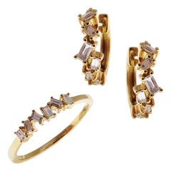 18 Karat Yellow Gold Diamond Small Baguette Huggy Earring Ring Set