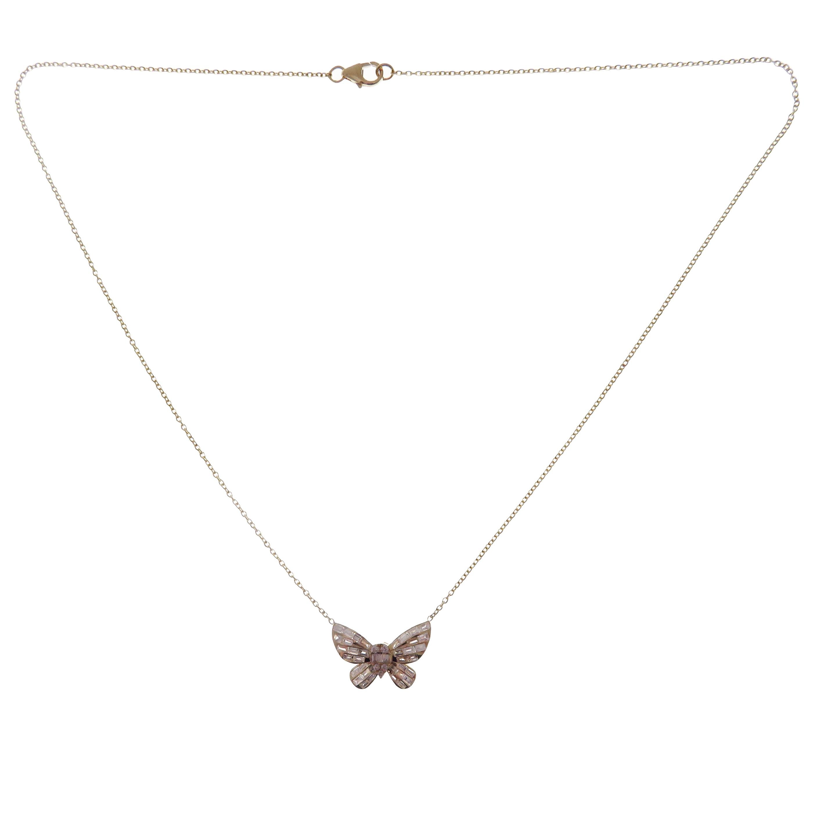 Baguette Cut 18 Karat Yellow Gold Diamond Small Butterfly Baguette Necklace For Sale