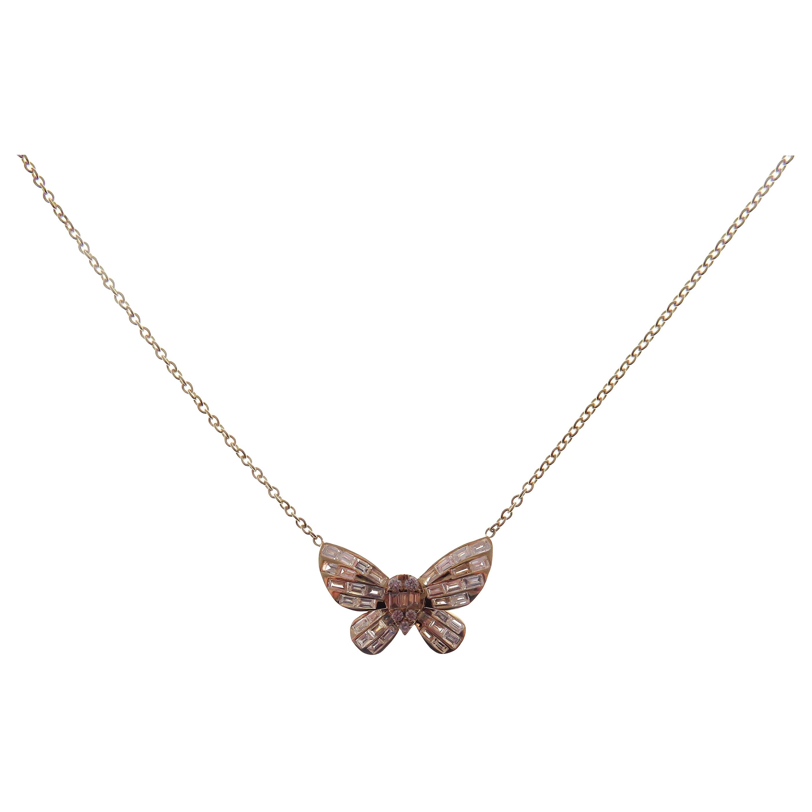 18 Karat Yellow Gold Diamond Small Butterfly Baguette Necklace For Sale