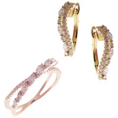 18 Karat Yellow Gold Diamond Small Marquise Baguette Huggy Earring Ring Set