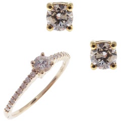 18 Karat Yellow Gold Diamond Small Round Classic Stud Earring Ring Set