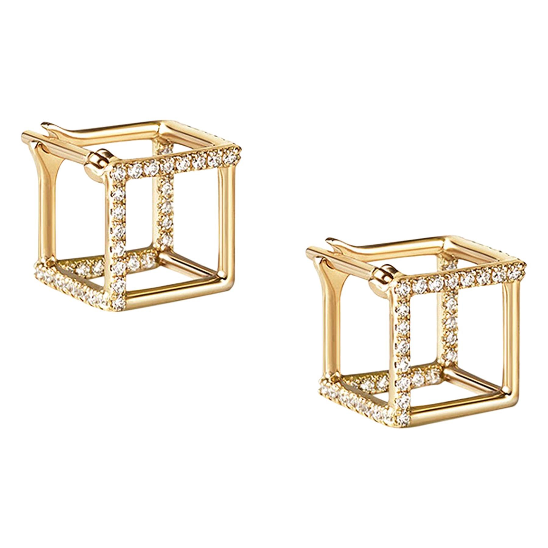 18 Karat Yellow Gold Diamond Square Pair Earrings For Sale