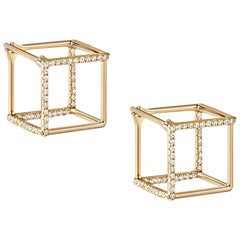 18 Karat Yellow Gold Diamond Square Pair of Earrings